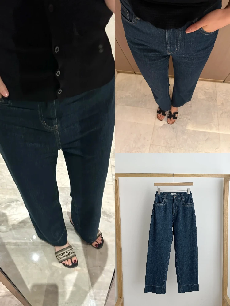 

Deep Blue Women's High Waist Straight Leg Jeans Dra Vintage Long Pants Loose Fit Autumn Dongda Gate Slimming Trousers