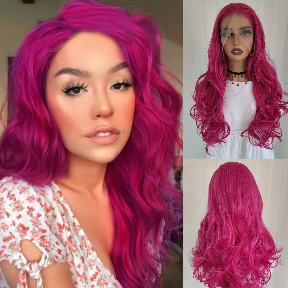 Charisma Synthetic Lace Wig Long Body Wave Wig Hot Pink Cosplay Wigs Synthetic Lace Front Wigs For Women Daily Use Party Wig