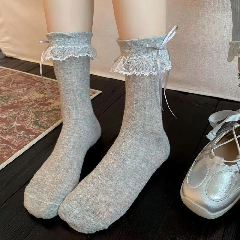 New Ribbon Bow Lace Ruffle Socks Lace Trim Thin Breathable Mid-Calf Socks Bow Ruffle Socks Women