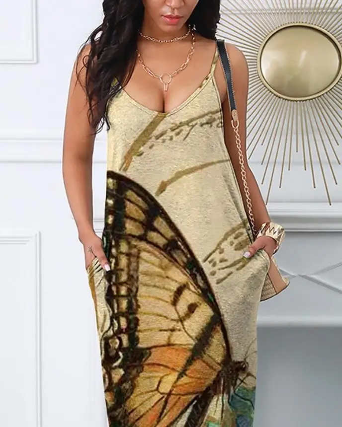 Women Dresses 2024 Summer Fashion Butterfly Print Spaghetti Strap Casual V-Neck Pocket Design Daily Straight Maxi Vacation Dress