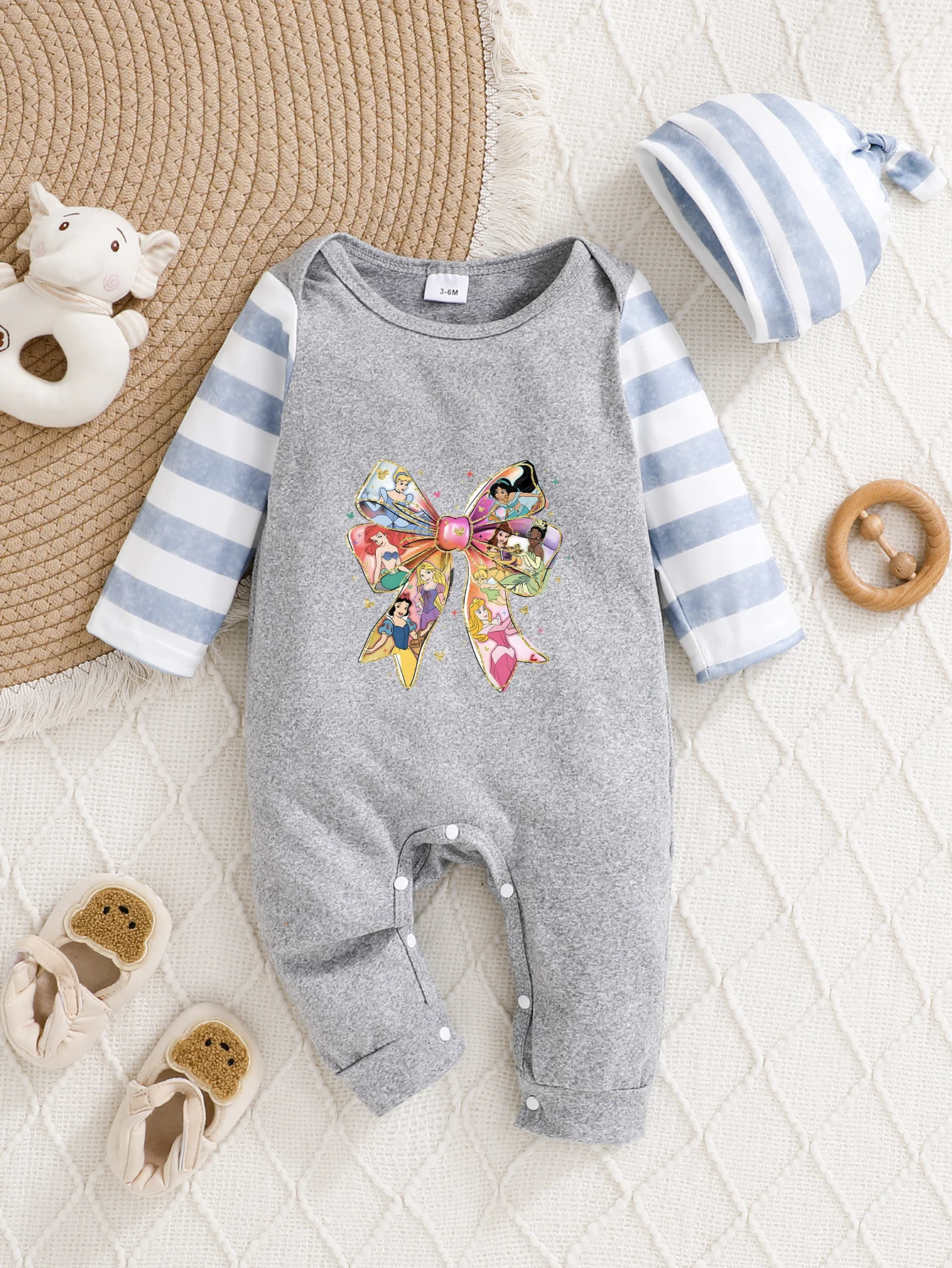 

【Officially Authorized】 Disney Baby Hooded Jumpsuit: Princess Bow Print, Soft Comfortable Fabric