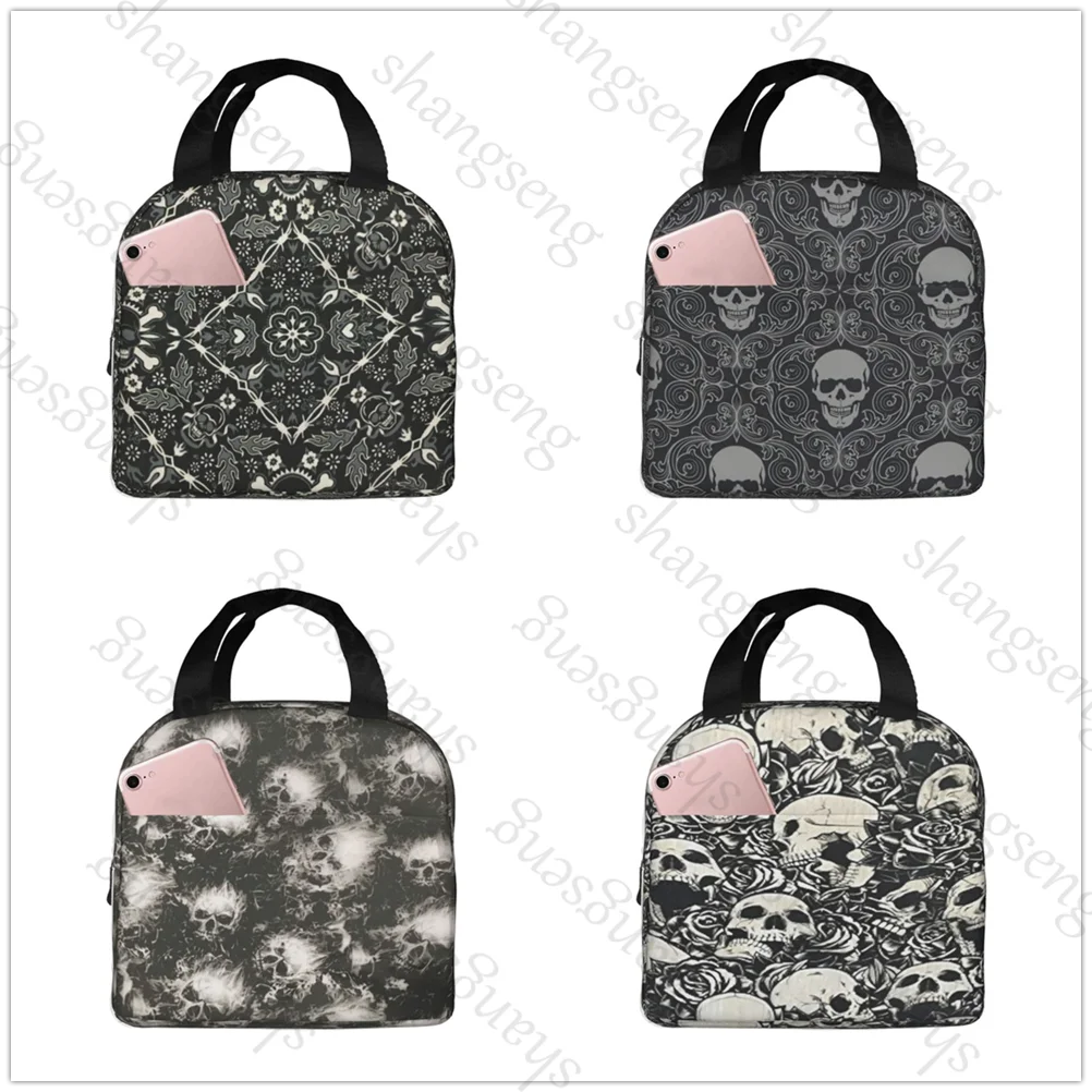 

Gothic Black Skull Damask Print Insulated Thermal Bag Lunch bag Foods Drink Storage Leakproof Picnic Camping Bags Box beach