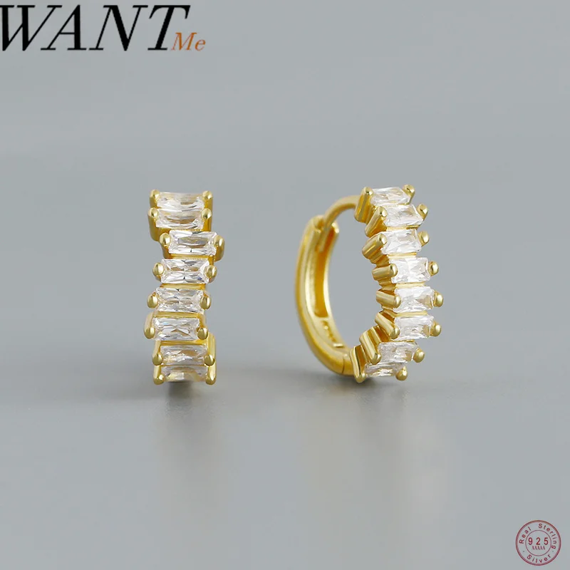 

WANTME 925 Sterling Silver Luxury Row Square Zircon Huggies Hoop Earrings for Women Fashion European Temperament Wedding Jewelry