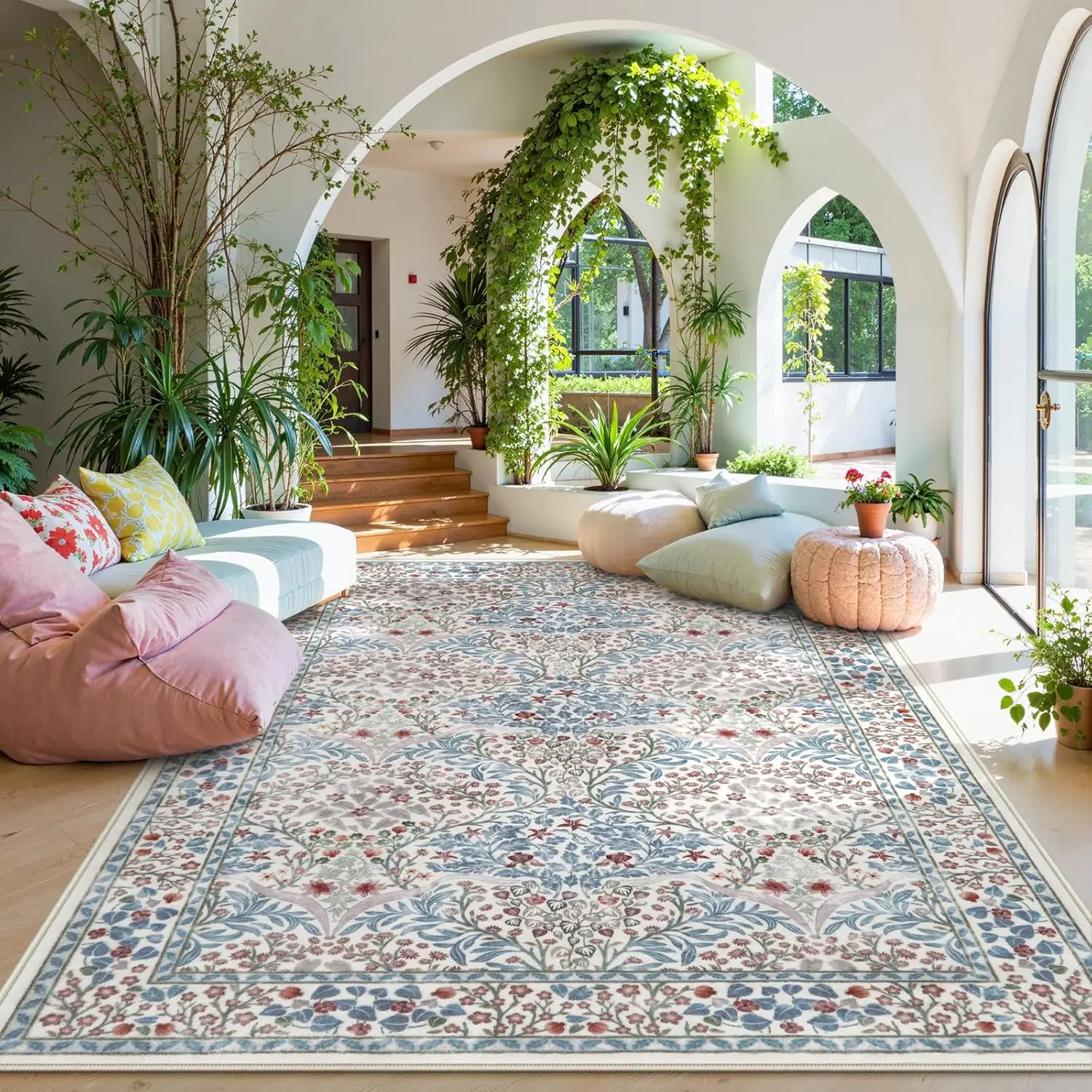 Pink Living Room Carpet Large Machine Washable Carpets Bedroom Bedside Floor Mat Home Decoration Bohemian Flower Non-Slip Rug 카펫 - Detail 1