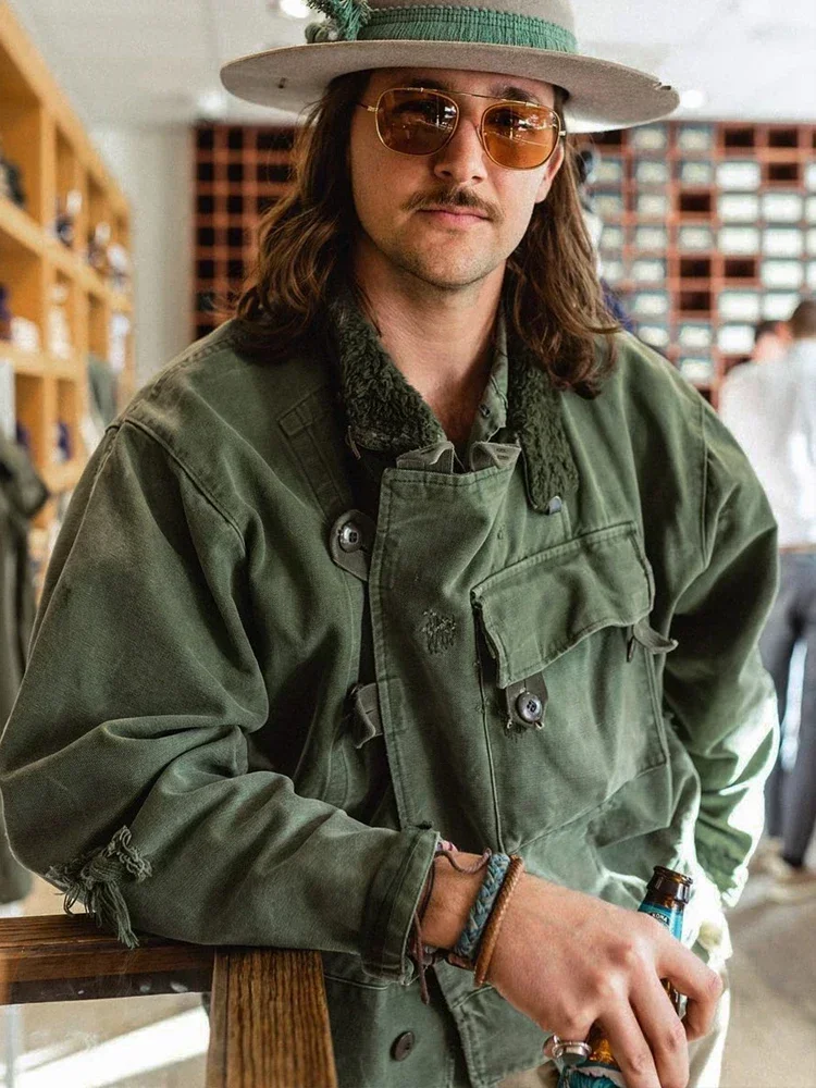 American Vintage Motorcycle Jacket Amekhaki Retro Military Green Coat  Men's Spring New Arrival