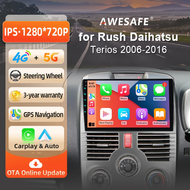 AWESAFE Radio Android 9 pouces pour Toyota Rush / Daihatsu Terios J200 2006-2016, CarPlay sans fil et Android Auto, navigation GPS, support multimédia, commande au volant, amplificateur de subwoofer, caméra arrière, prise EU, Plug and Play, autoradio numérique DAB+, autoradio 2 DIN, RDS