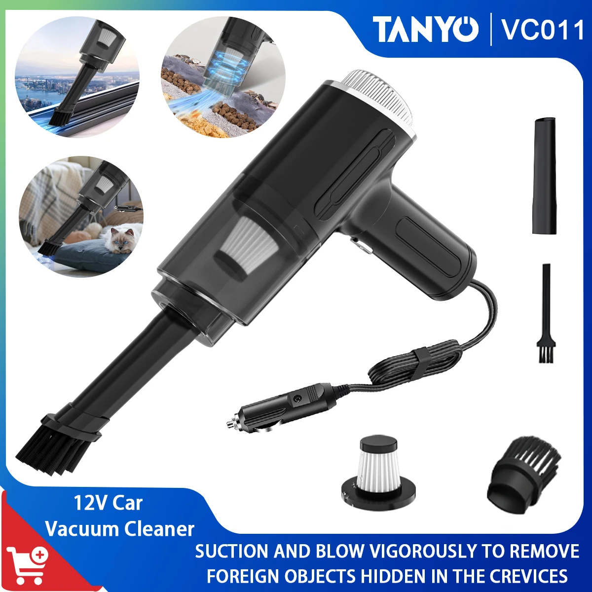 

12V Powerful Portable Car Handheld Vacuum Cleaner 3.6 Meters Wired Black Strong Suction for Auto Interior Cleaning