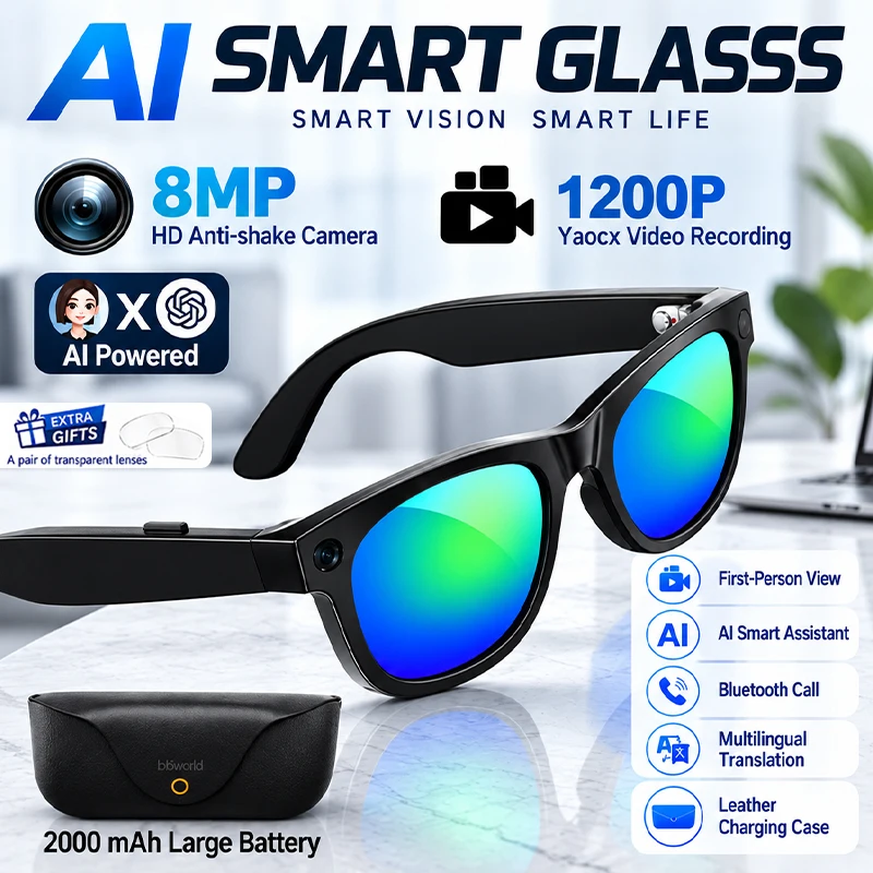AI Smart Glasses First-Person View 8MP HD Camera Real-time Translation AI Voice Wake-Up with 2000mAh Charging Case Smart Glasses