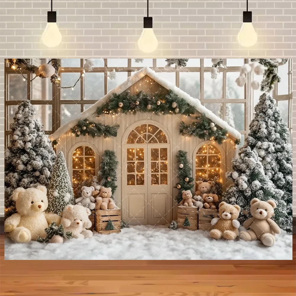 

Christmas Party Backdrop Winter Snow Wooden House Flash Cottage Pine Tree Forest Kids Family Portrait Photography Background