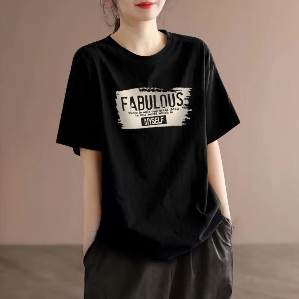 

Pure Cotton Women's T-shirt Short-Sleeved Summer Casual Style Letter Print Artistic Top Half-Sleeved Ins Trend