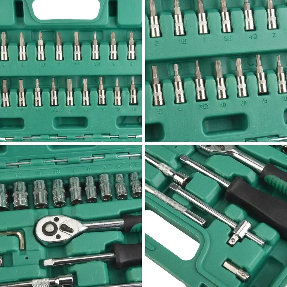 46 Piece Socket Kit Featuring Ratchet Wrench Swivel Head Cardan Joint Star Bits and Extension Bars for Daily Repairs