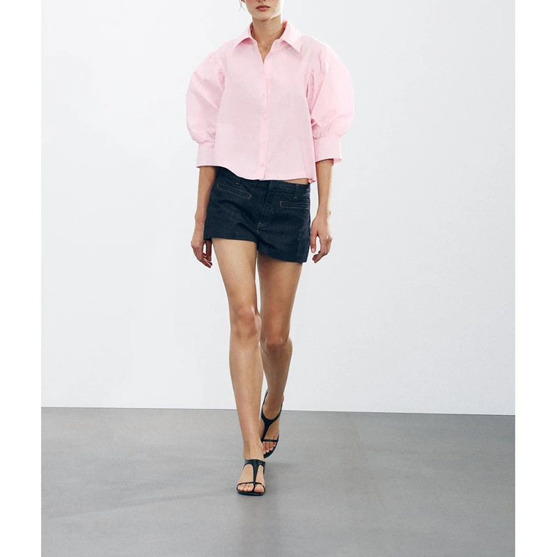 Casual Cotton lin irt Spring Summer New Arrival Women's Commute Sle Long Sve Turn-down Collar Puffy Sve Button-up
