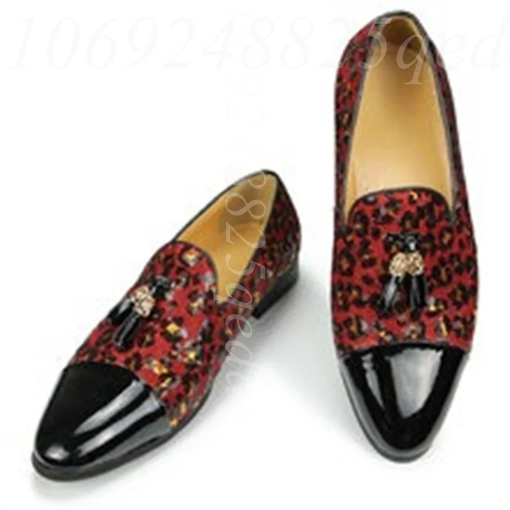 Luxury Sequin Loafers Print Black Glitter Slip-On Dress Shoes with Tassel Accents Patent Cap Toe Pumps Comfort Insole Daily Wear