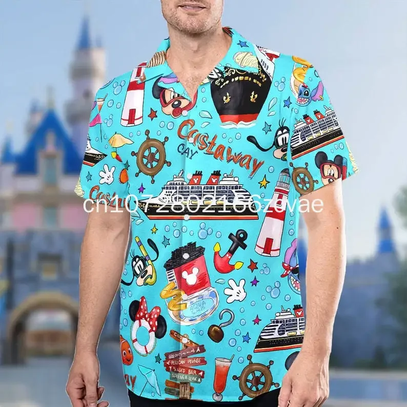 2024 New Disneyland Castaway Hawaiian Shirt Fashion Summer Short Sleeve Shirt Disney Mickey Beach Button Down Hawaiian Shirt