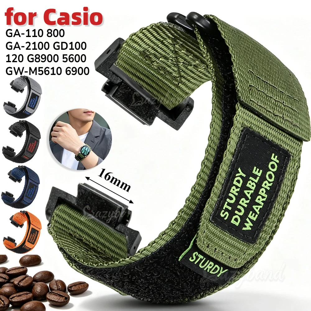 16mm for Casio Watch Band GA-110 800 GA-2100 GD100 120 G8900 5600 GW-M5610 6900 Straps Green Soft Nylon Wrist Women Men Bracelet