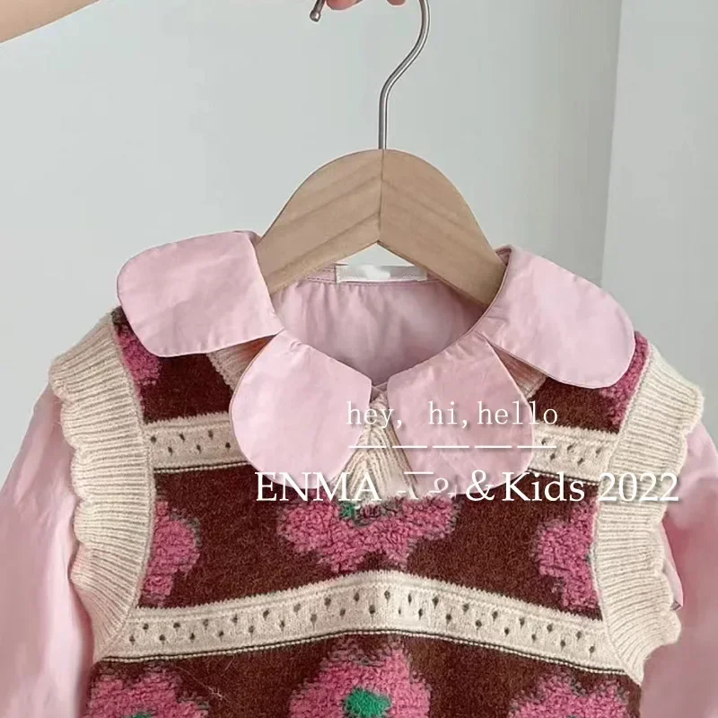 Abiti per ragazze Bambini 2024 Nuova collezione autunnale Camicette rosa e gilet a fiori Top Set in due pezzi Abiti stile semplice coreano