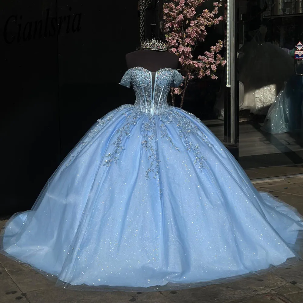 

Light Blue Illusion Beading Crystal Ball Gown Quinceanera Dress Off The Shoulder Appliques Lace Corset Vestidos De XV Años