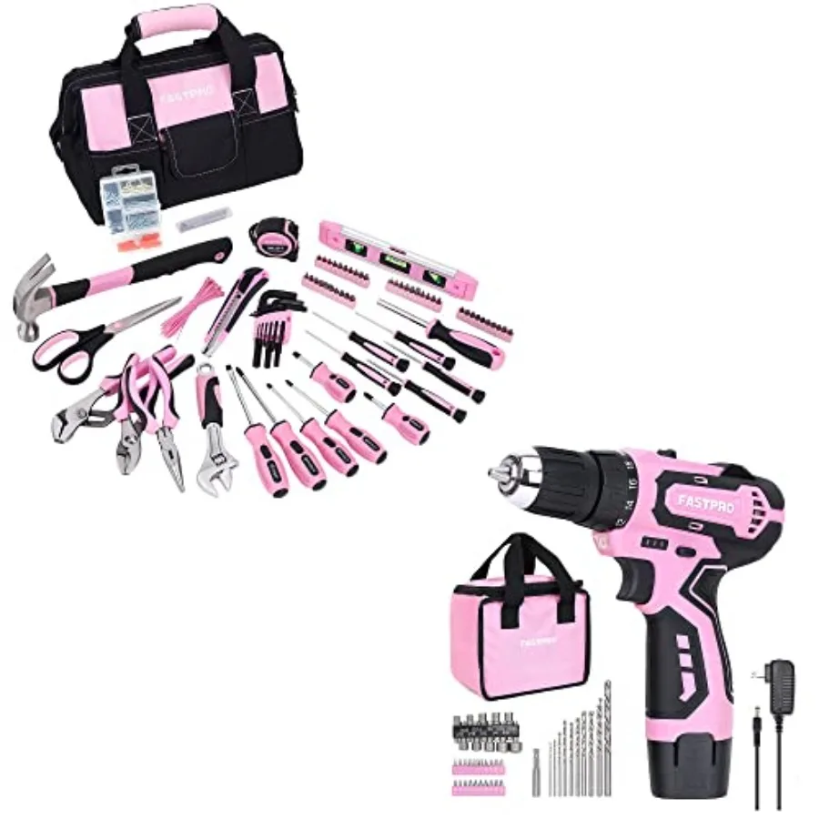 

Набор инструментов розового цвета - 220 предметов, набор для домашнего ремонта для женщин и розовая беспроводная литий-ионная дрель-шуруповерт 12В