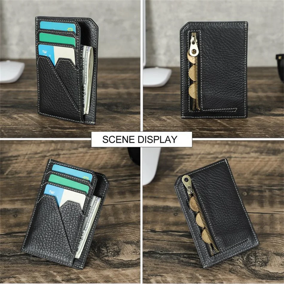 Cow Leather RFID Card Holder Multifunctional Zipper Wallet Credit ID Card Case Small Mens Coin Purse Black