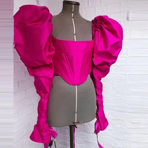 Fuchsia Party Tops Puffy Long Sleeve Women Evening Cocktail Party Shirts Blouses Women Tops Custom Made Color And Size