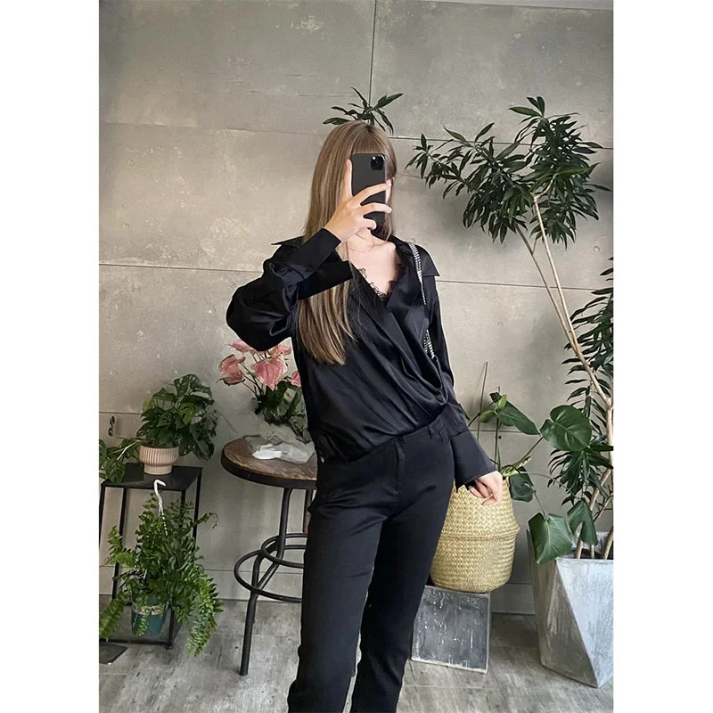 

Elegant Black Lace Splice Long Sleeve Shirt Women's Fashionable Sexy Simple Design French Style Silk Shirt Pure Color SY-2504-03
