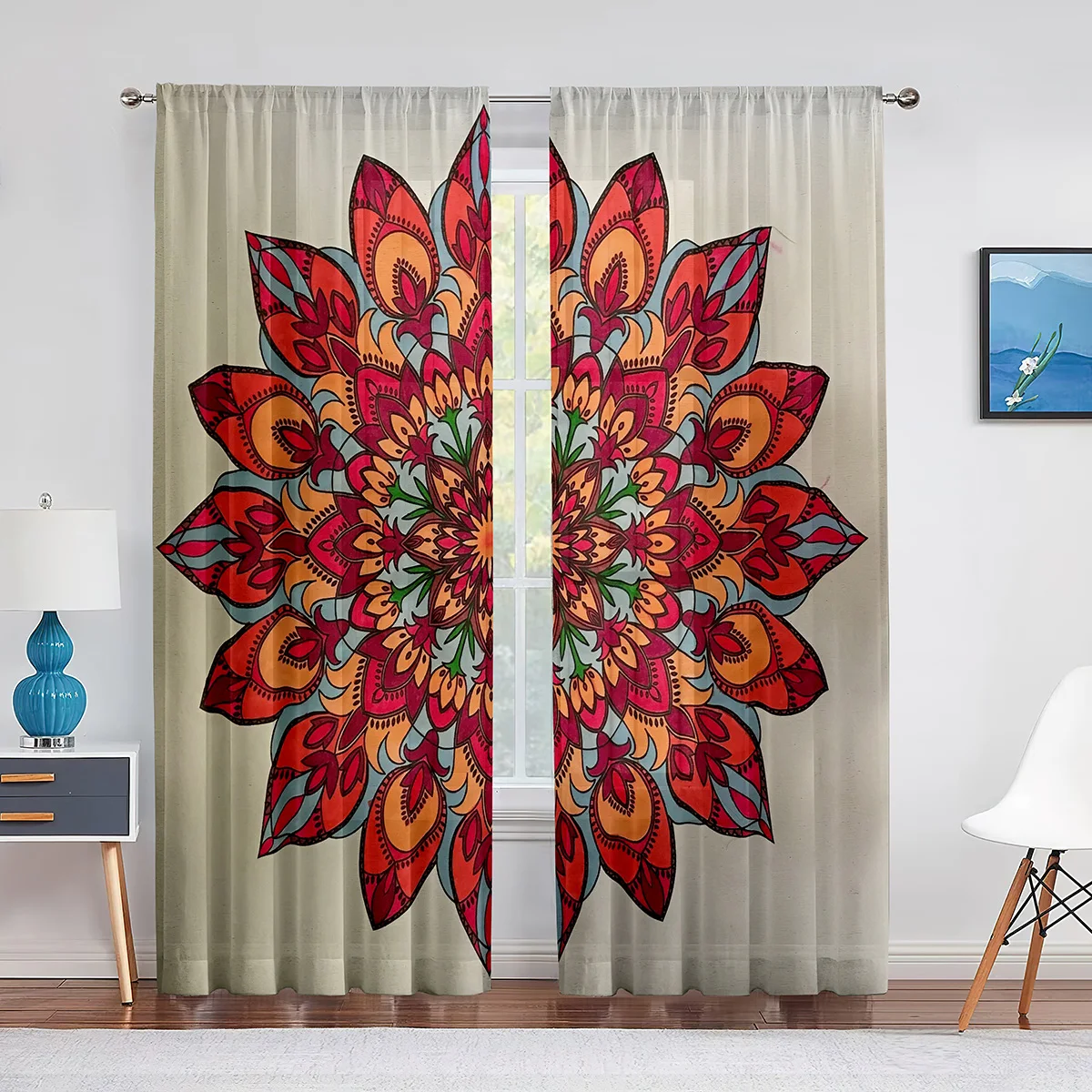 Mandala Flourishing Red Flowers Tulle Curtains for Living Room Bedroom Kitchen Floral Voile Sheer Curtain Window Decor Drapes