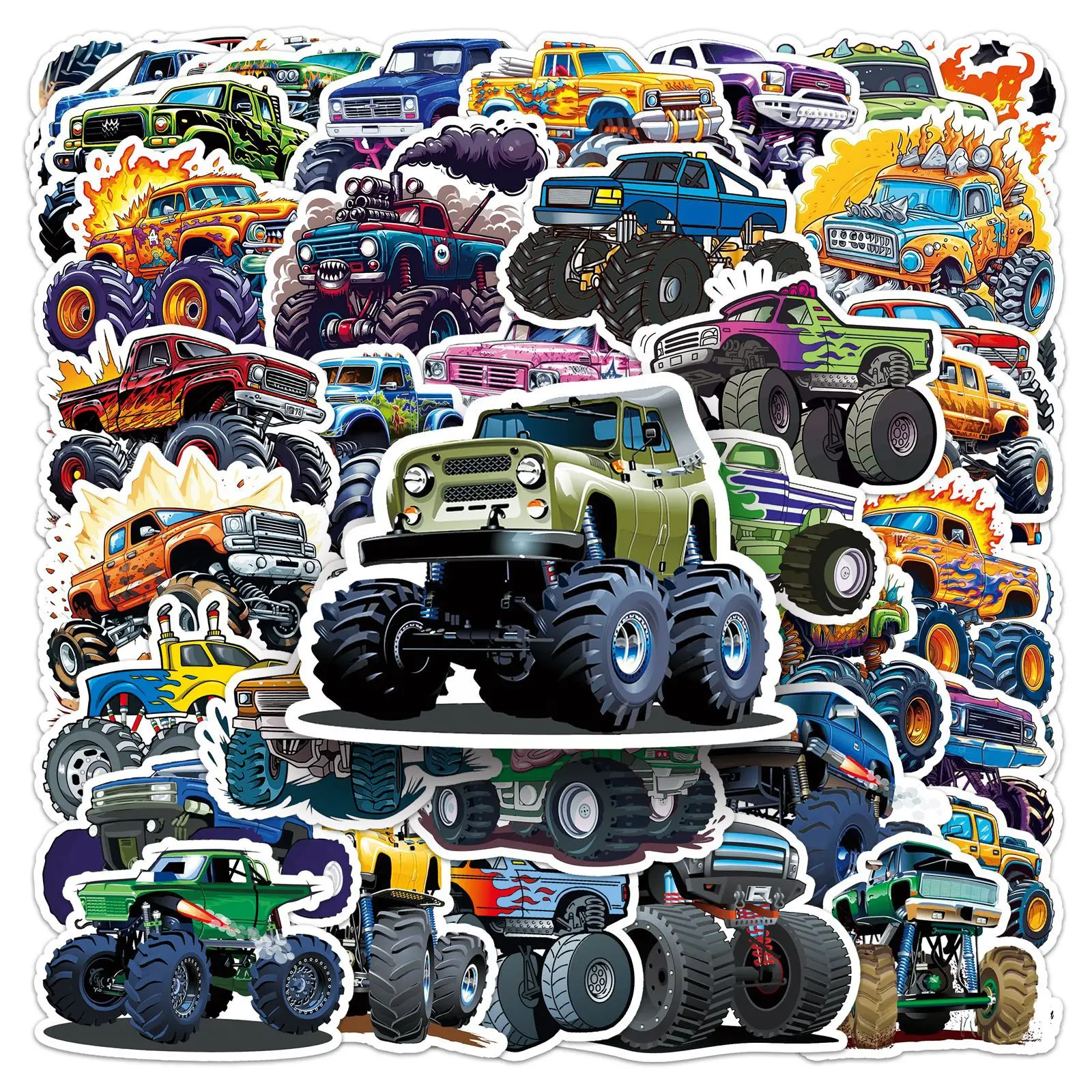 100 PCS Cartoon Big Wheel Monster Truck Mechanical Art Stickers Decorate Helmet Skate Tablet Reusable Stationery Decals