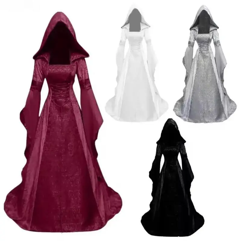 Vestido de Halloween para Cosplay de Bruja Pagana, Estilo Vintage Renacentista, con Capucha, Cola Larga, Túnica Medieval para Bodas Temáticas