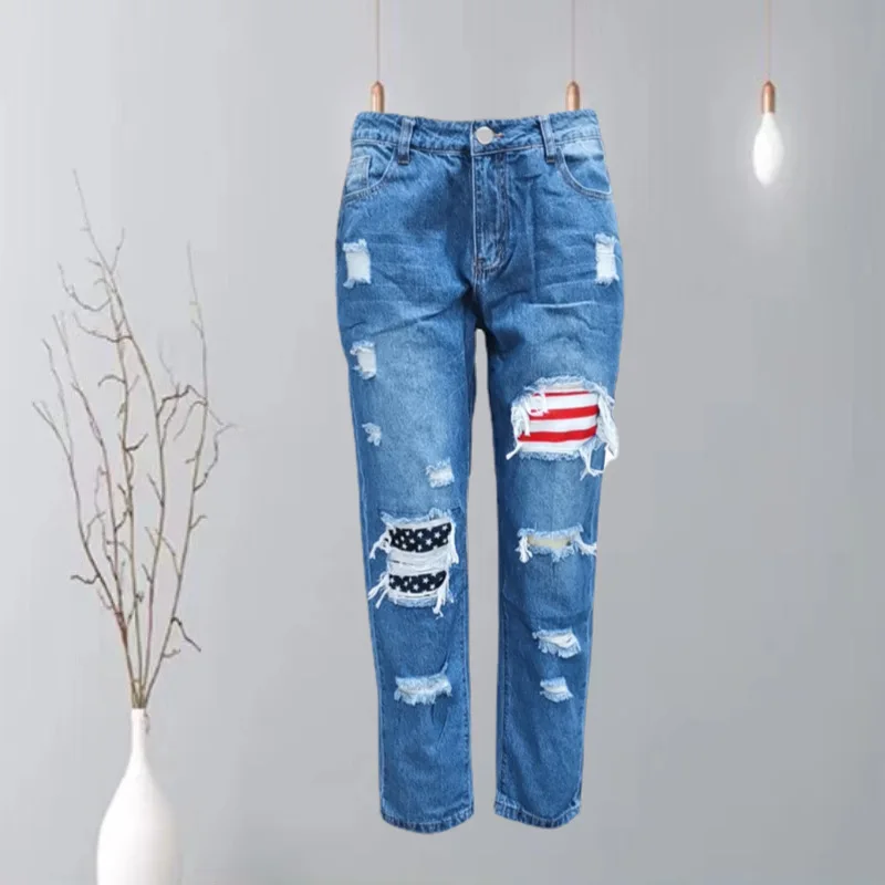 Spot Amazon Wish Celana Lurus Hari Kemerdekaan Wanita Eropa dan Amerika Celana Jeans Wanita Print Robek Celana Jeans Wanita