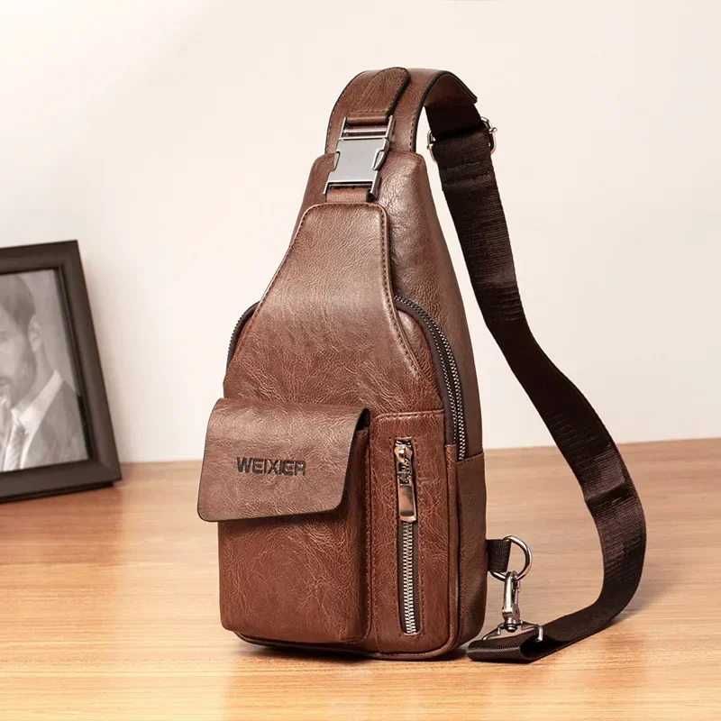 Brand Men Chest Bag Leather Belt Sling Chest Pack Crossbody Bags Male Business Messenger Shoulder Bag Gift For Husband