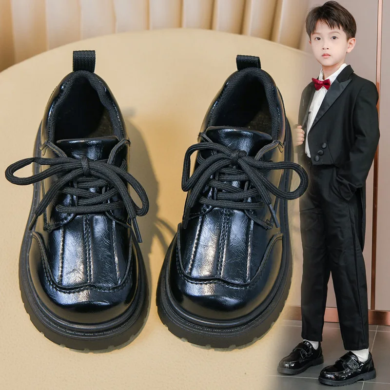 Boys' leather shoes 2026 Spring and Autumn new black soft soled children's shoe Kids campus performance shoes 4-12years Black