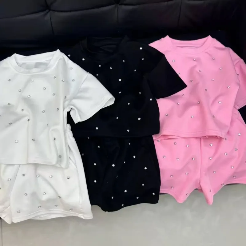 RAISE Kids Girls Outfits Solid Children Girls Matching Set Pin-Beaded High-End Two-Piece Set T-Shirt+Shorts for 2-8Y Kids Girls