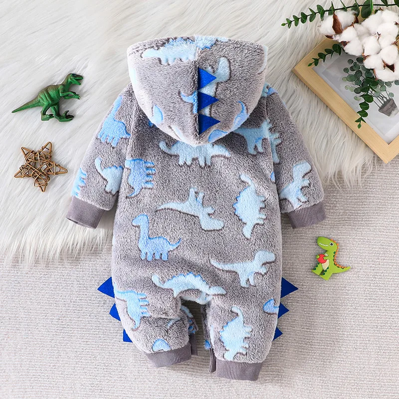 RUEWEY 0 to 18 Months Baby Boy Plush Hooded Romper Casual Dinosaur Pattern Front Button Long Sleeve Jumpsuit for Infant