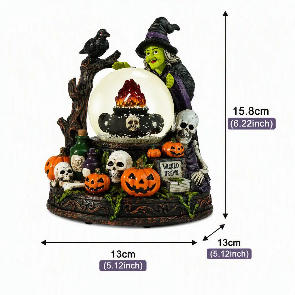 Halloween witch crystal ball resin ornament, skull pumpkin head tabletop decoration