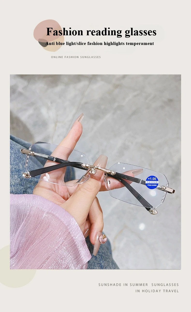 Modische rahmenlose Lesebrille mit Schnittkante, photochrome Anti-Blaulicht-Brille, modische Brille für Herren und Damen – Detail 1