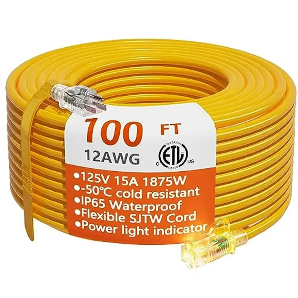 

12/3 Gauge Heavy Duty Outdoor Extension Cord 100 ft Waterproof Lighted Electric Cord Flexible Cold-Resistant 3 Prong – Safety