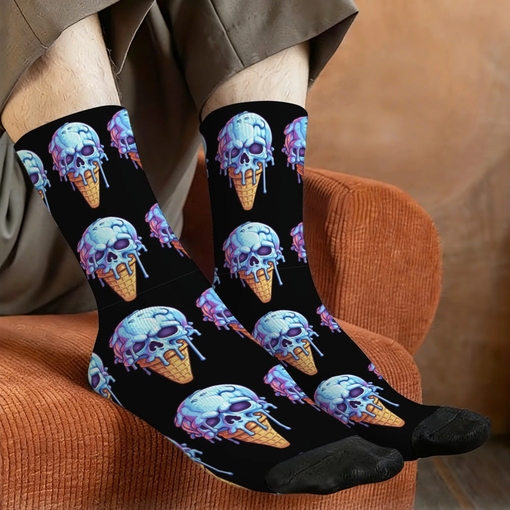 

Skull Ice Cream Print Socks Non-Slip Elastic Breathable Men's Socks Travel Casual Running Novel Stylish Art Compression Socks