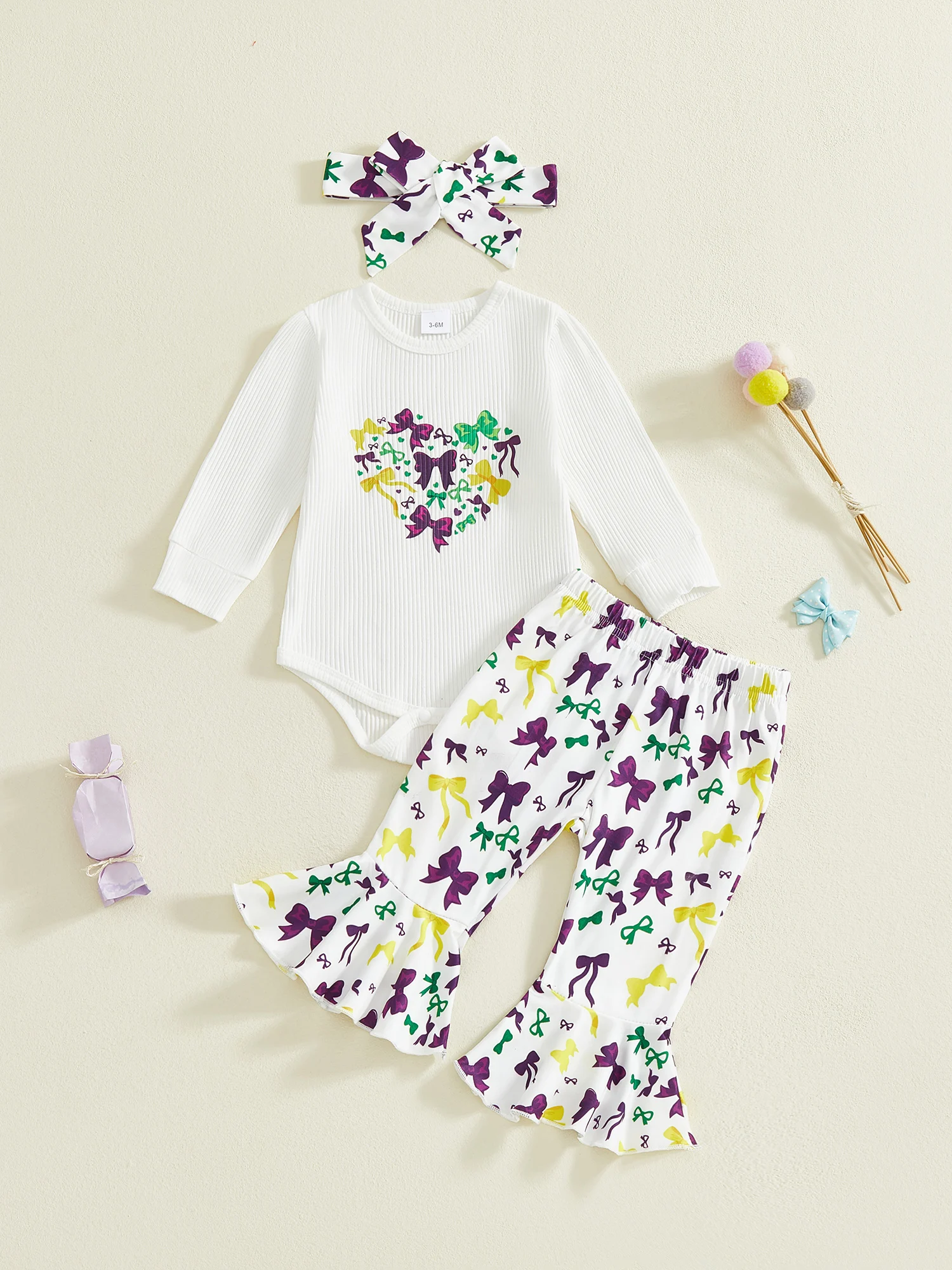 طقم بلوزات وسروال بأكمام مكشكشة وطبعة زهور لعيد الفصح للفتيات الصغيرات مع عصابة رأس متطابقة مكونة من 3 قطع لفصل الربيع #3