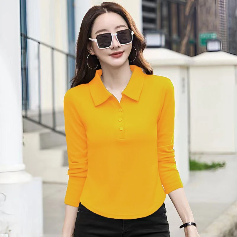 Age-Reducing, Belly-Covering Casual Long-Sleeved Shirt with a Turn-Down Collar for Middle-Aged Women, Loose-Fitting Top Suitable for Weekend Wear, Polyester Fabric, Stylish and Comfortable