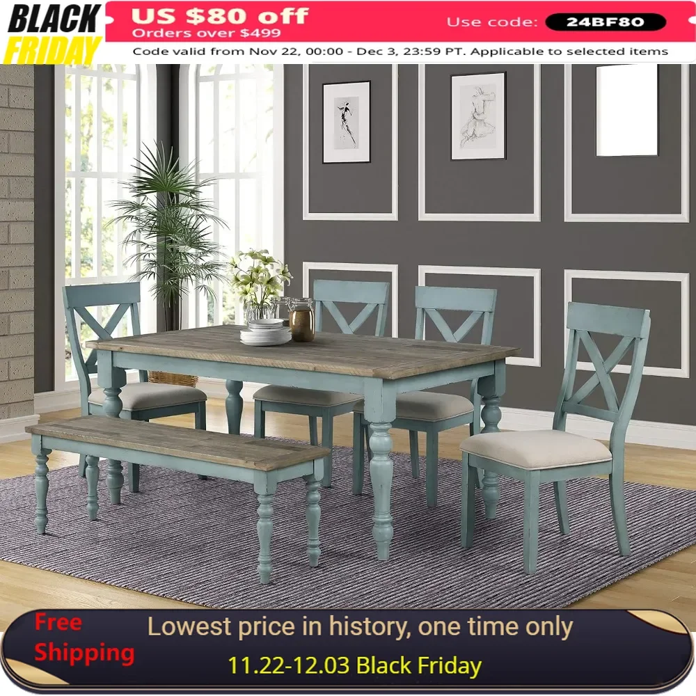 Prato 6-Piece Dining Set, Dining Table with 4 Cross Back Chairs and Bench, Antique Blue and Distressed Walnut Finish