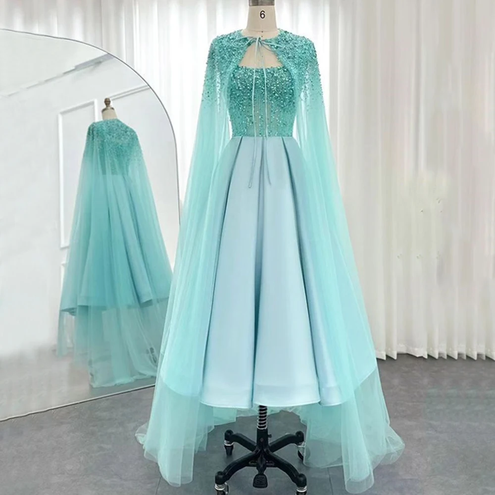 

Exquisite A-Line Evening Dress with Cloak Two Piece Tulle Beading and Pearls Tea Length Satin Women Banquet Gowns Custom Made