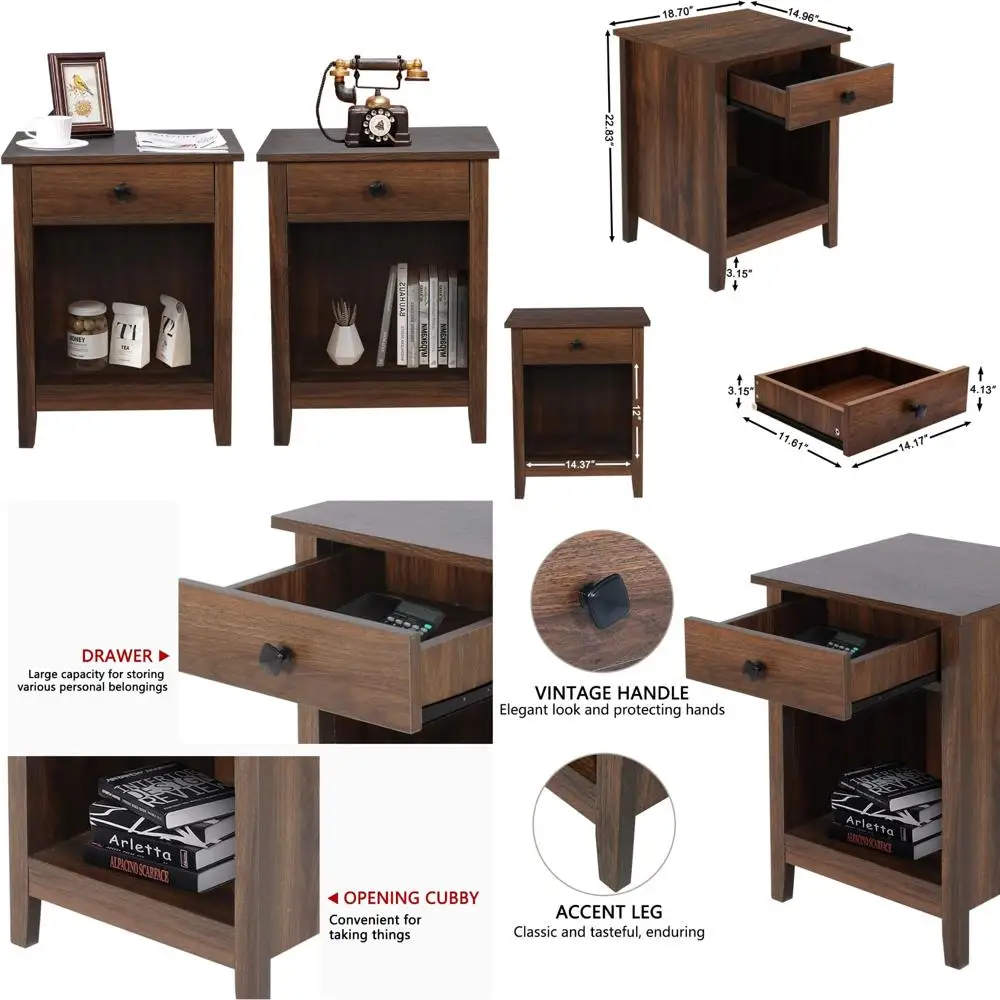 

Wooden Nightstands Set of 2 with Drawers for Bedside End Table, Large Storage Furniture, Brown Wood