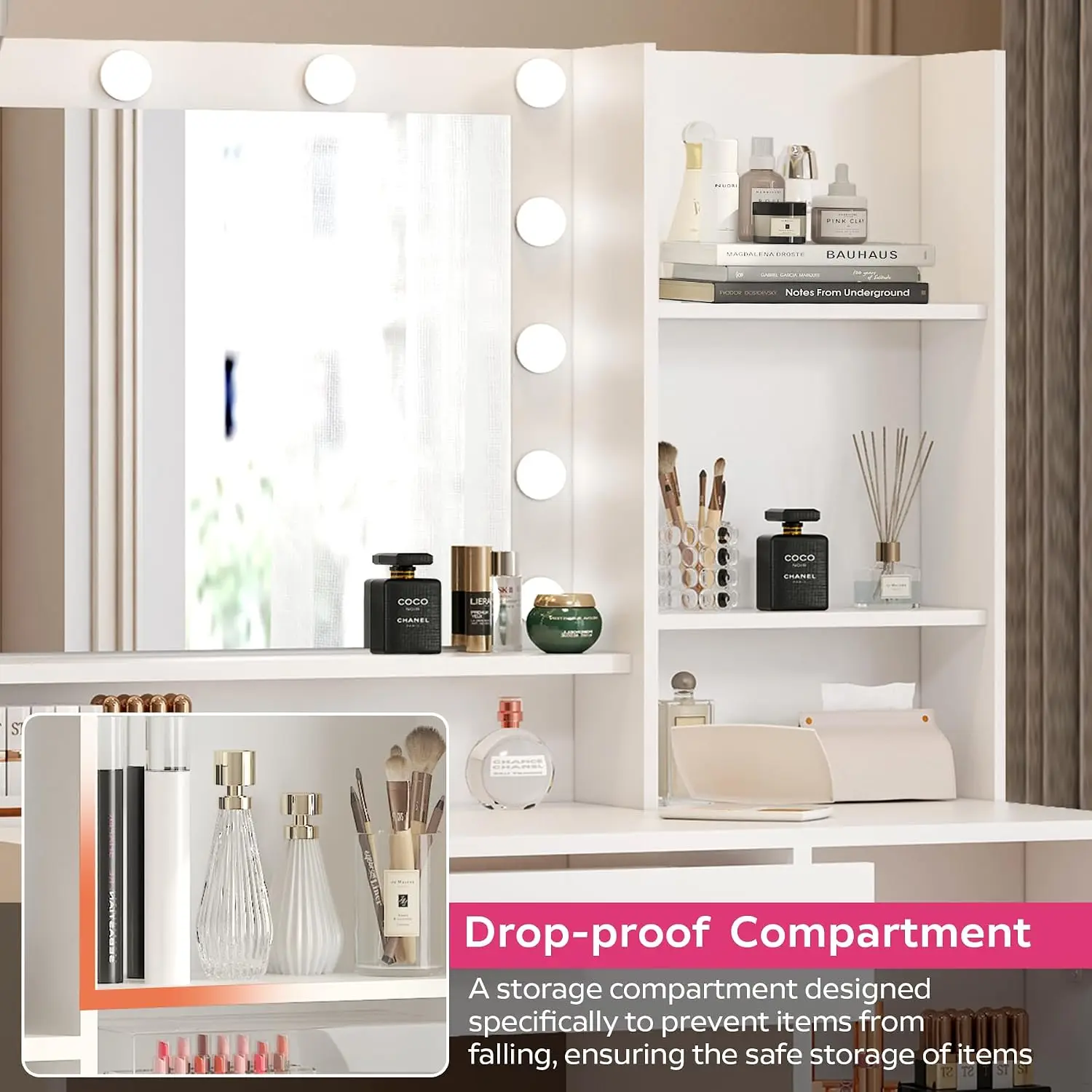 Vanity Desk with Mirror & Light, Large Drawer Three Level Storage Dresser, 3 Lighting Modes Adjustable Brightness, Bedroom