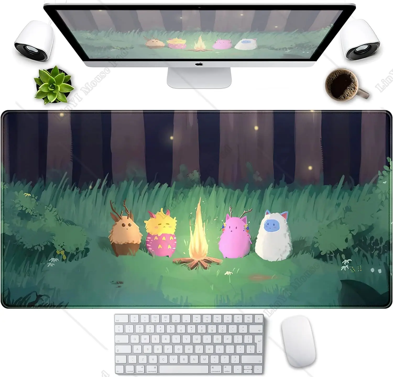 Cute Desk Mat Kawaii Anime Large Gaming Mouse Pad Green Forest Mousepad Computer Laptop Mouse Mat Pad for Women 31.5x15.75 in