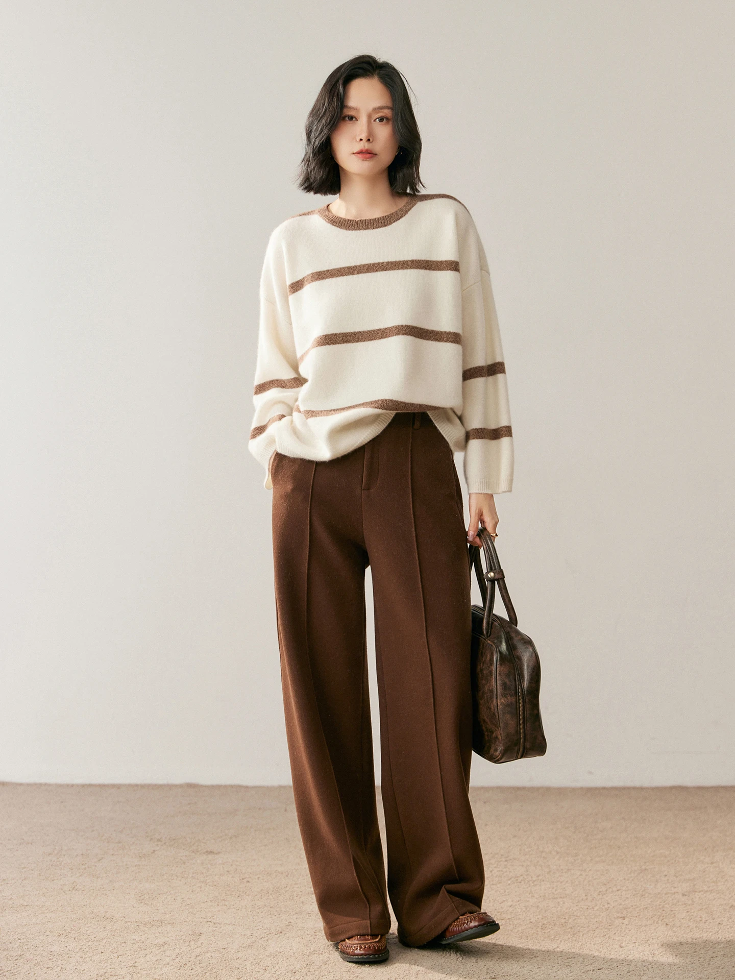 TLOML Women's O-neck Casual Loose Striped Pullover Sweater 100% Cashmere Knitwear Warm Lazy Comfy Design Autumn Winter Soft Tops