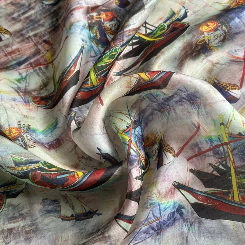 

1 метр, 100% шелк шелковицы, 12 момме, тонкая шелковая ткань из твердой органзы, лодки с принтом, 135 см, ширина 53 дюйма, по дворам, JN232