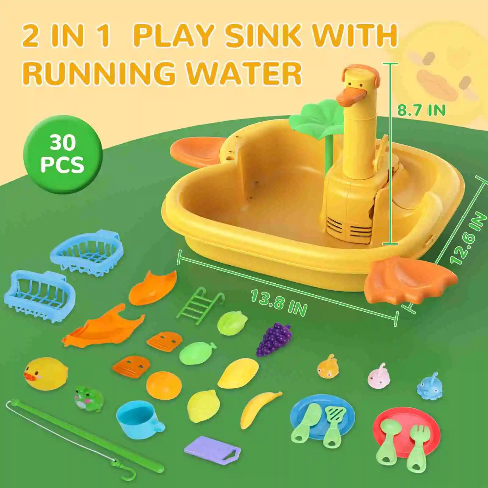 Lavello da gioco con acqua corrente Taglio cibo 2 in 1 Gioco di ruolo Lavello da cucina Giocattoli Piscina Gioco di pesca galleggiante per i più piccoli Bambini Giallo