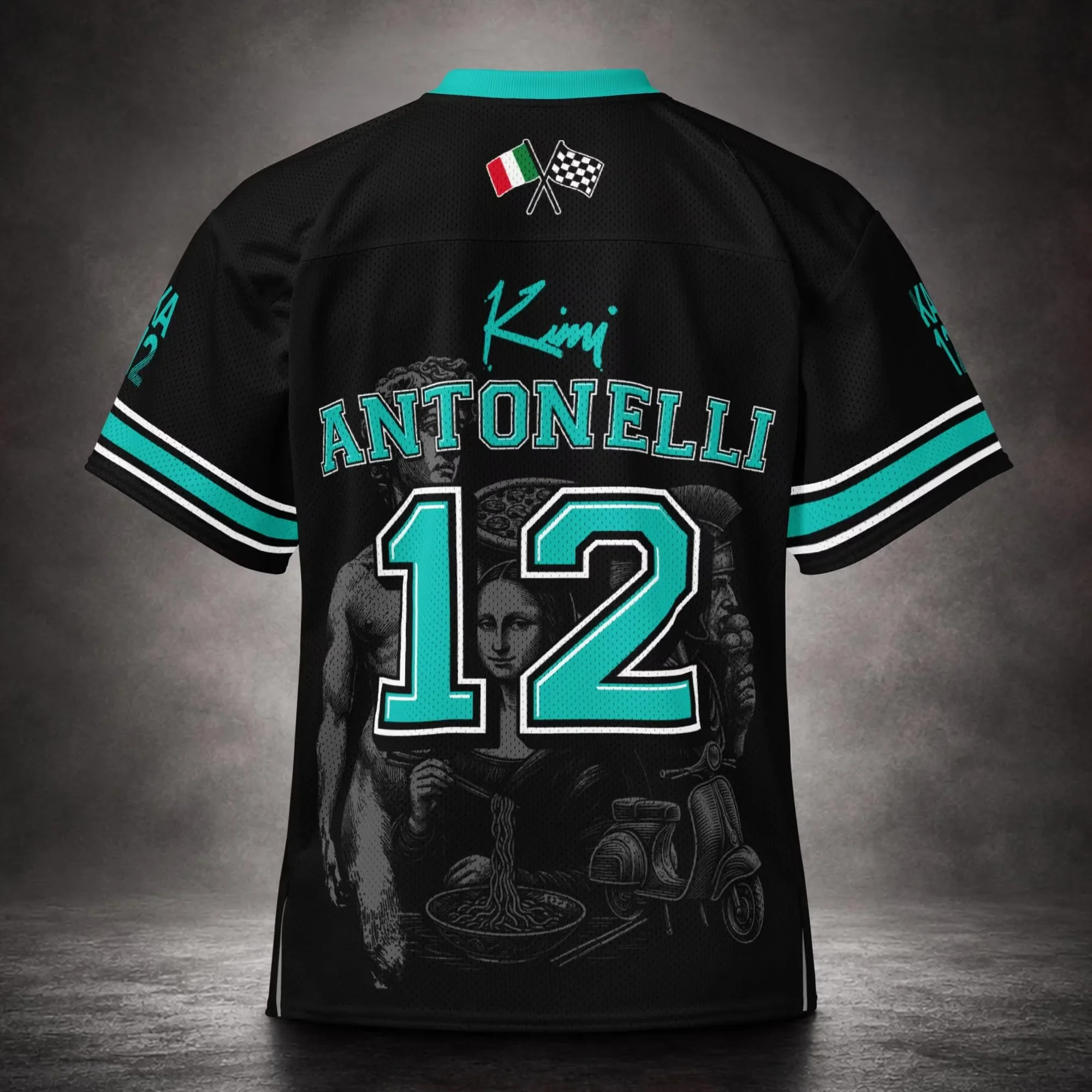 2026 Herren Kimi 12 Antonelli Motor Racing Trikot Italien Wahrzeichen Mona Lisa Kunstdruck V-Ausschnitt Mesh Kurzarm Fan Street T-Shirt – Detail 4