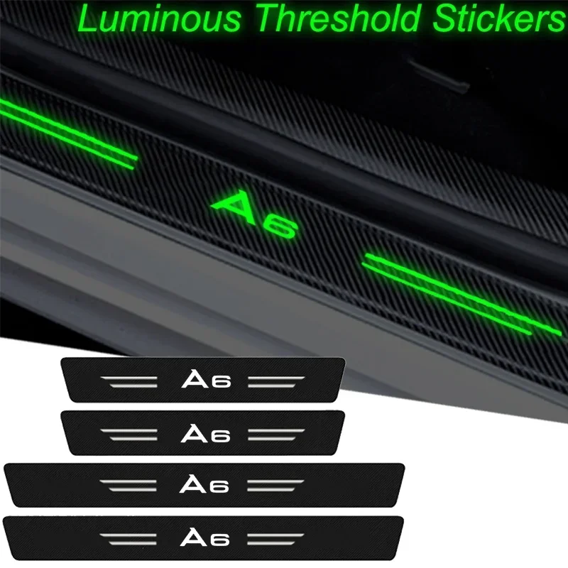 Luminous Carbon Fiber Car Door Sill Stickers Tape Scuff Scratch For Audi A6 Logo Threshold Bumper Decals Auto Accessories