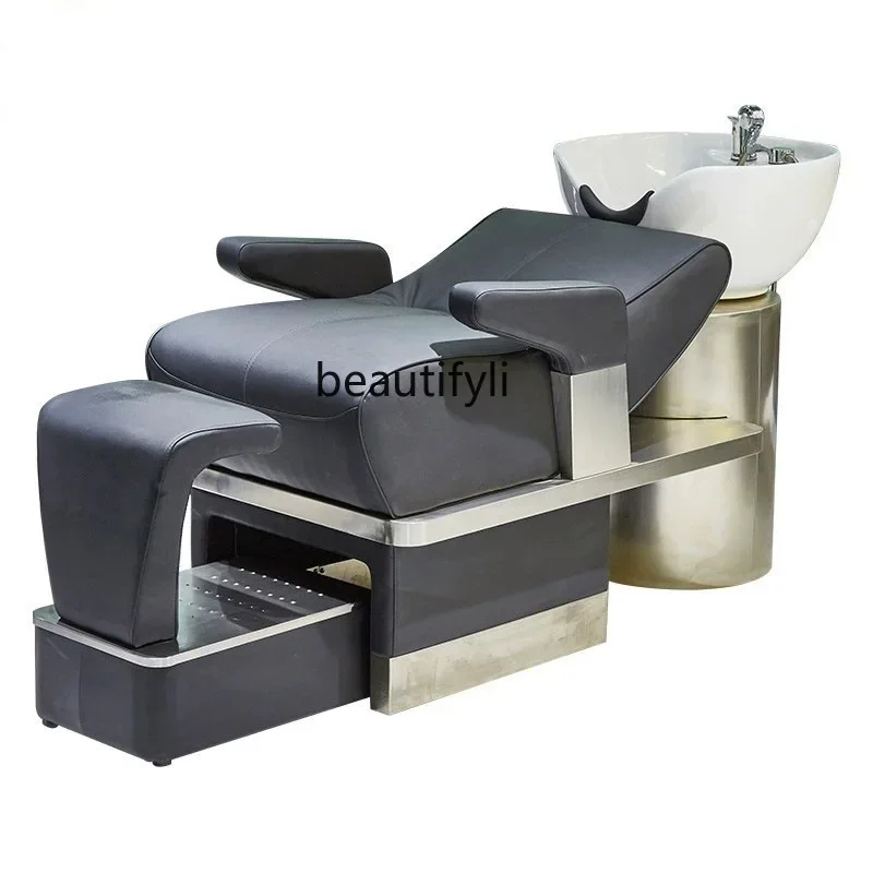 

Shampoo bed barber shop special stainless steel hair flush bed simple half lying hair salon shampoo bed ceramic basin